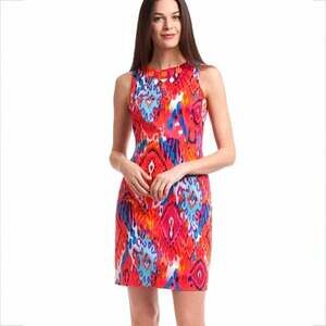 Belle Badgley Mischka Pink Red Ikat Sheath Dress 2 Colorful Career Cocktail NEW